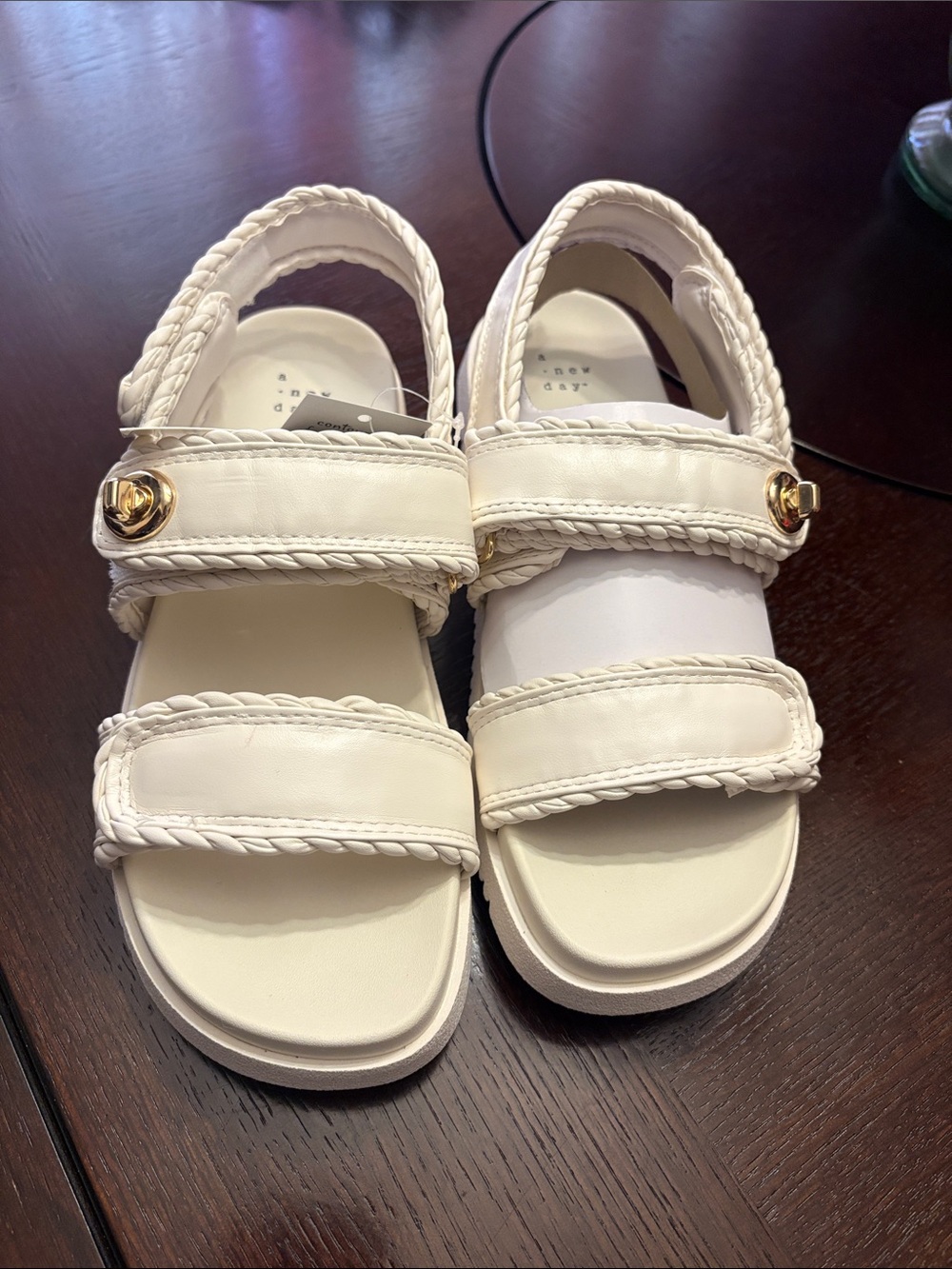 a new day White Braided Strap Kids Sandals with Gold Accents